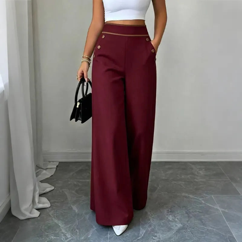 Women’s High-Waisted Wide-Leg Trousers Side Button Detail Side Pockets – Business Lunches