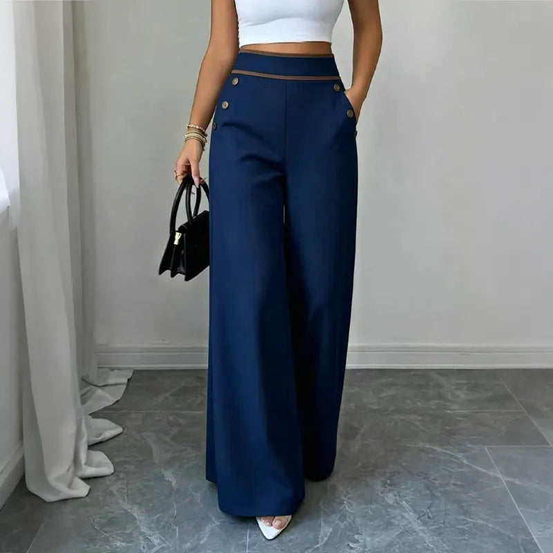 Women’s High-Waisted Wide-Leg Trousers Side Button Detail Side Pockets – Business Lunches
