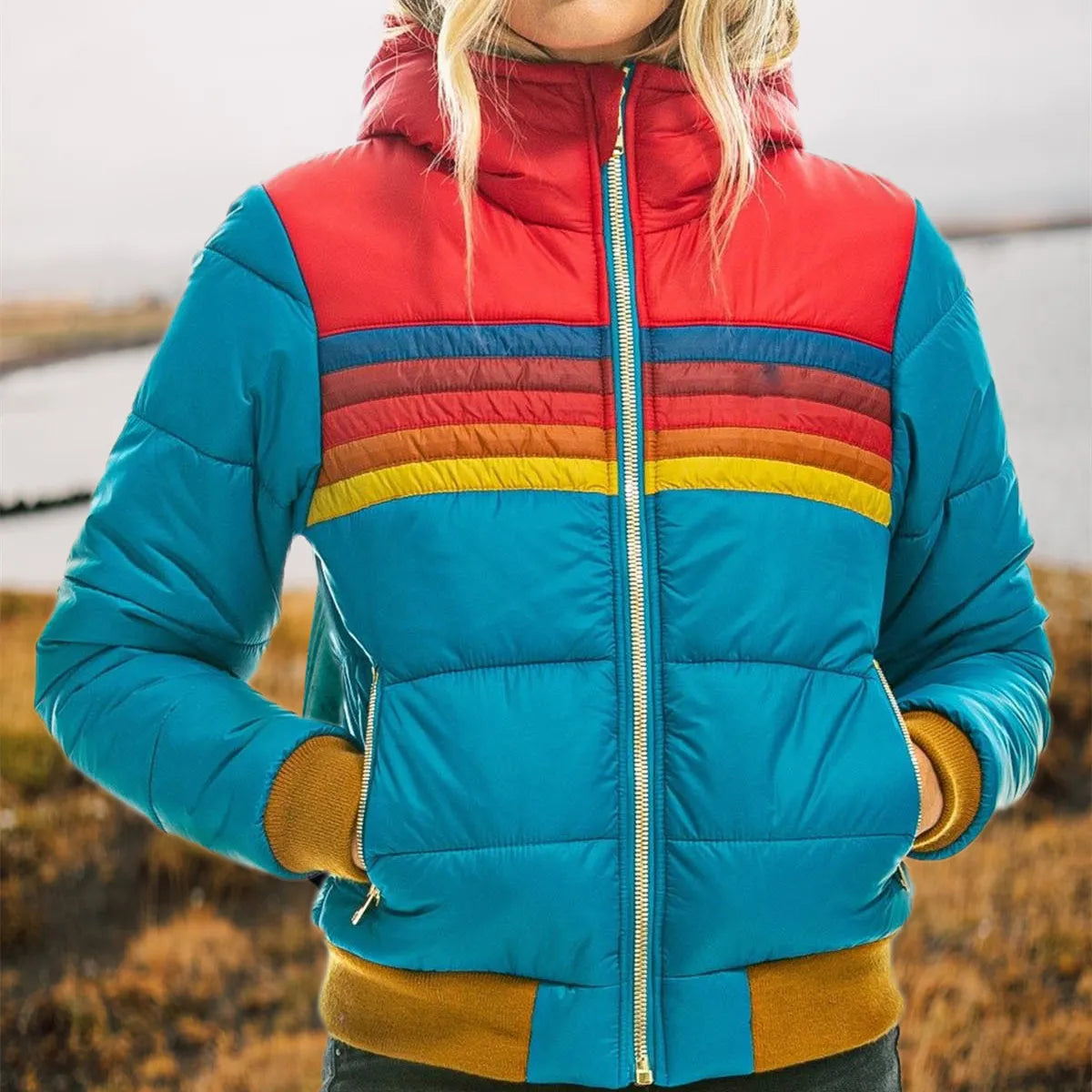 Women's Hooded Bomber-Style Puffer Jacket Stripe Detail – Weekend Getaway