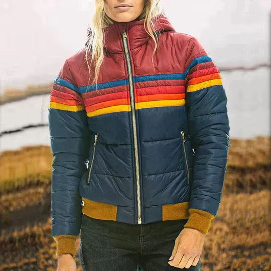 Women's Hooded Bomber-Style Puffer Jacket Stripe Detail – Weekend Getaway