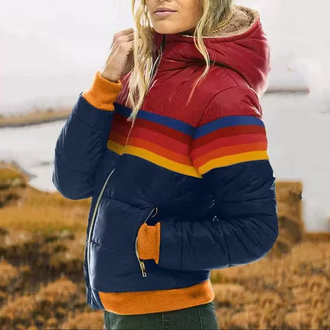 Women's Hooded Bomber-Style Puffer Jacket Stripe Detail – Weekend Getaway