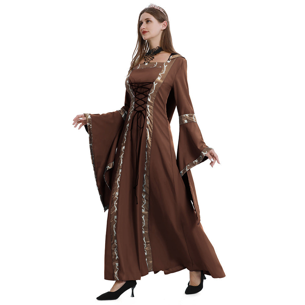 Women's Hooded Medieval Dress Costume Lace-Up Front Flare Sleeve – Halloween Moonlight Event
