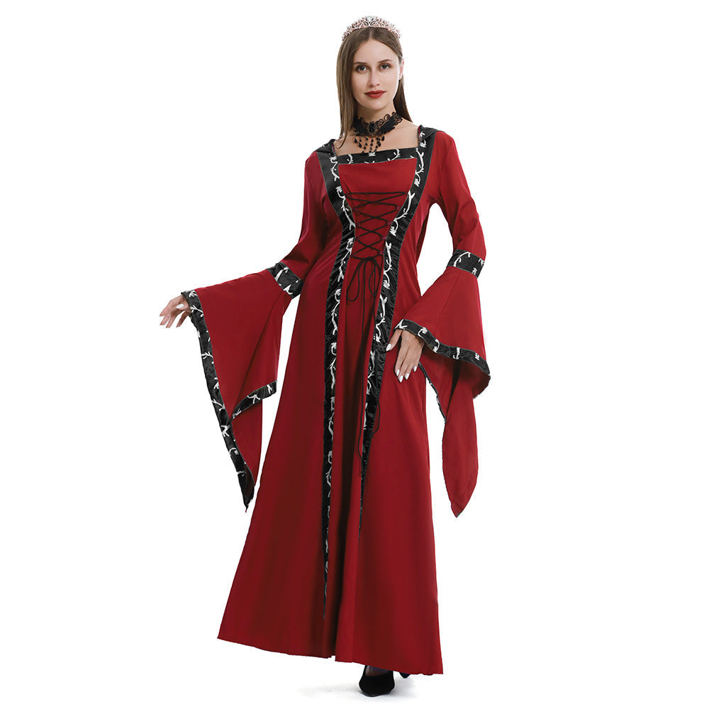 Women's Hooded Medieval Dress Costume Lace-Up Front Flare Sleeve – Halloween Moonlight Event