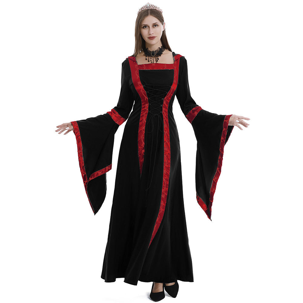 Women's Hooded Medieval Dress Costume Lace-Up Front Flare Sleeve – Halloween Moonlight Event
