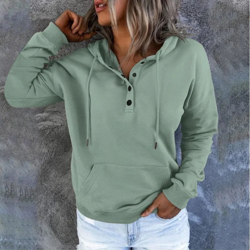 Women's Hoodie Button Placket Long Sleeve Kangaroo Pocket – Daily Streetwear