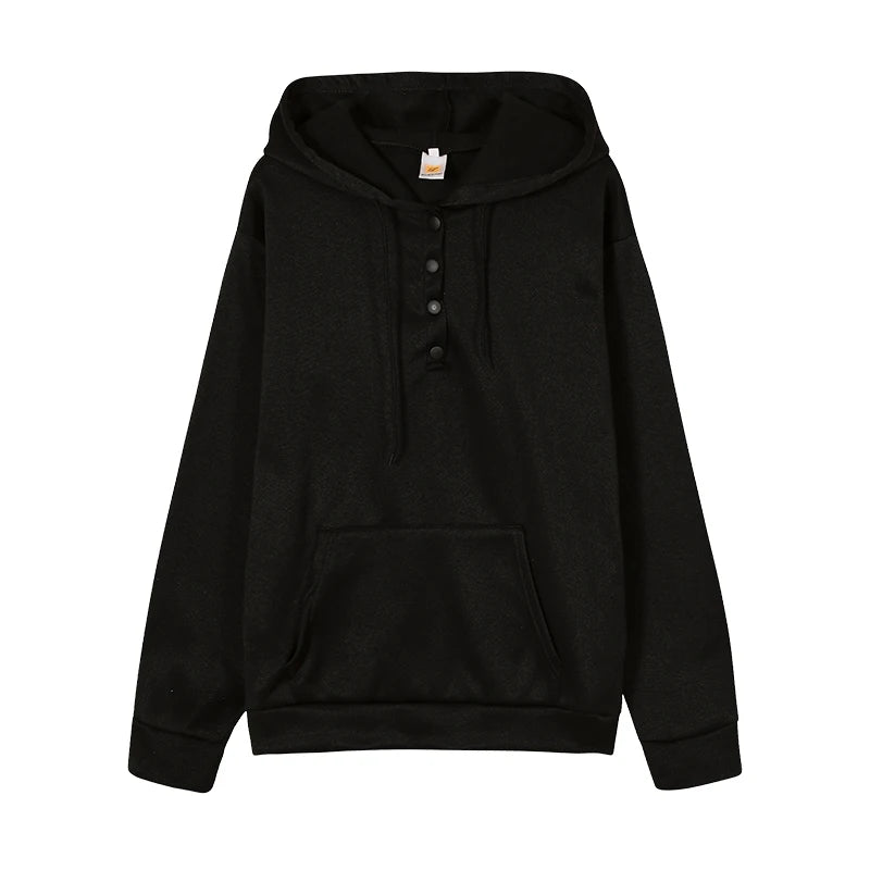 Women's Hoodie Button Placket Long Sleeve Kangaroo Pocket – Daily Streetwear