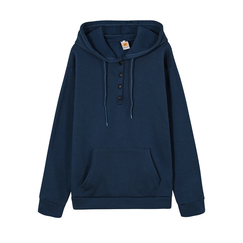 Women's Hoodie Button Placket Long Sleeve Kangaroo Pocket – Daily Streetwear