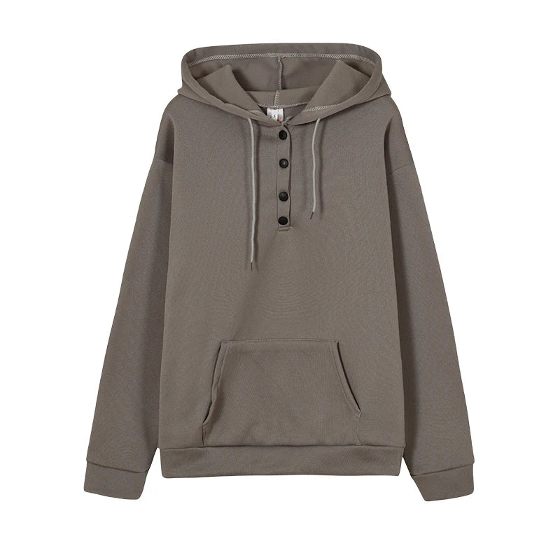 Women's Hoodie Button Placket Long Sleeve Kangaroo Pocket – Daily Streetwear