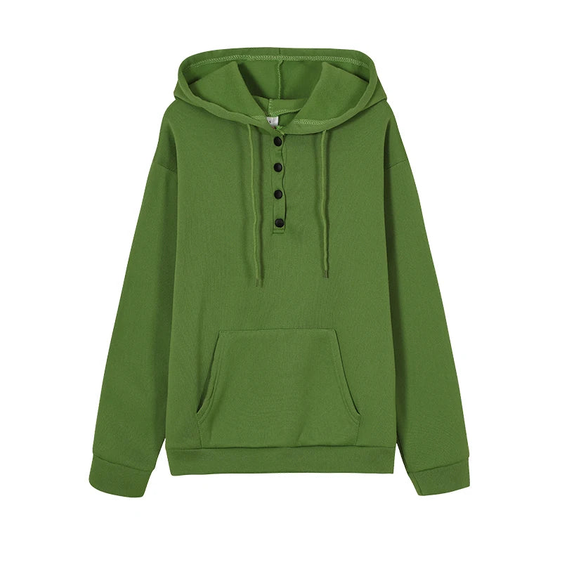 Women's Hoodie Button Placket Long Sleeve Kangaroo Pocket – Daily Streetwear