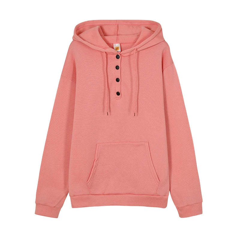 Women's Hoodie Button Placket Long Sleeve Kangaroo Pocket – Daily Streetwear