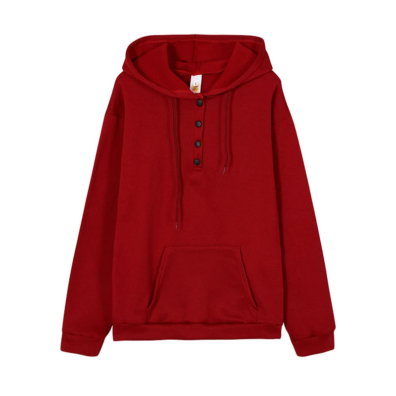Women's Hoodie Button Placket Long Sleeve Kangaroo Pocket – Daily Streetwear