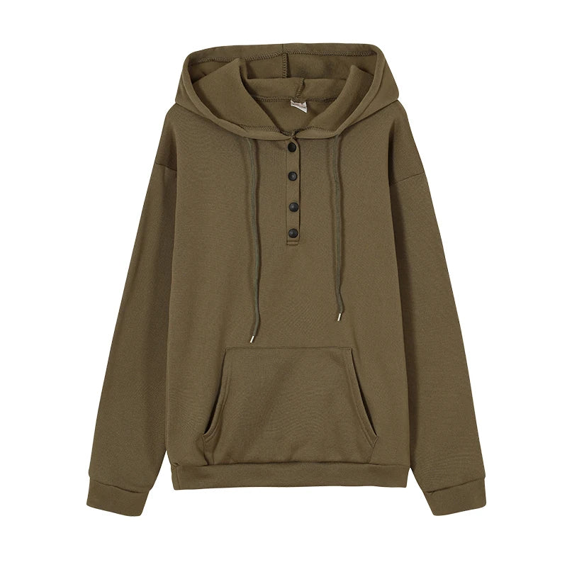 Women's Hoodie Button Placket Long Sleeve Kangaroo Pocket – Daily Streetwear