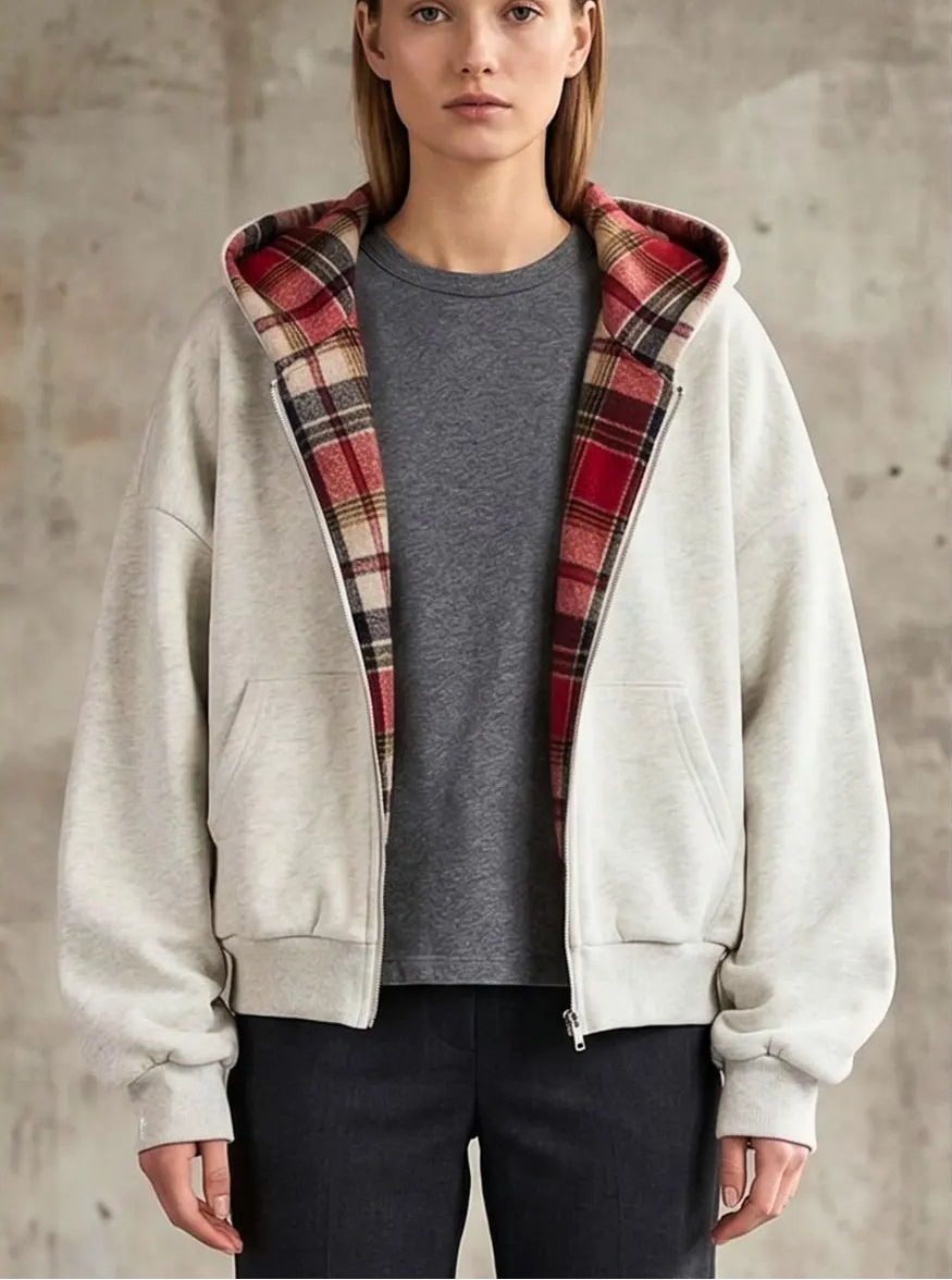 Women's Hoodie Plaid Zip Front Dropped Shoulder – Streetwear Layered Look