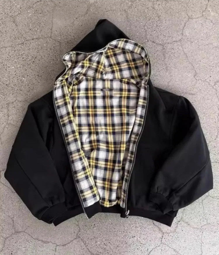 Women's Hoodie Plaid Zip Front Dropped Shoulder – Streetwear Layered Look
