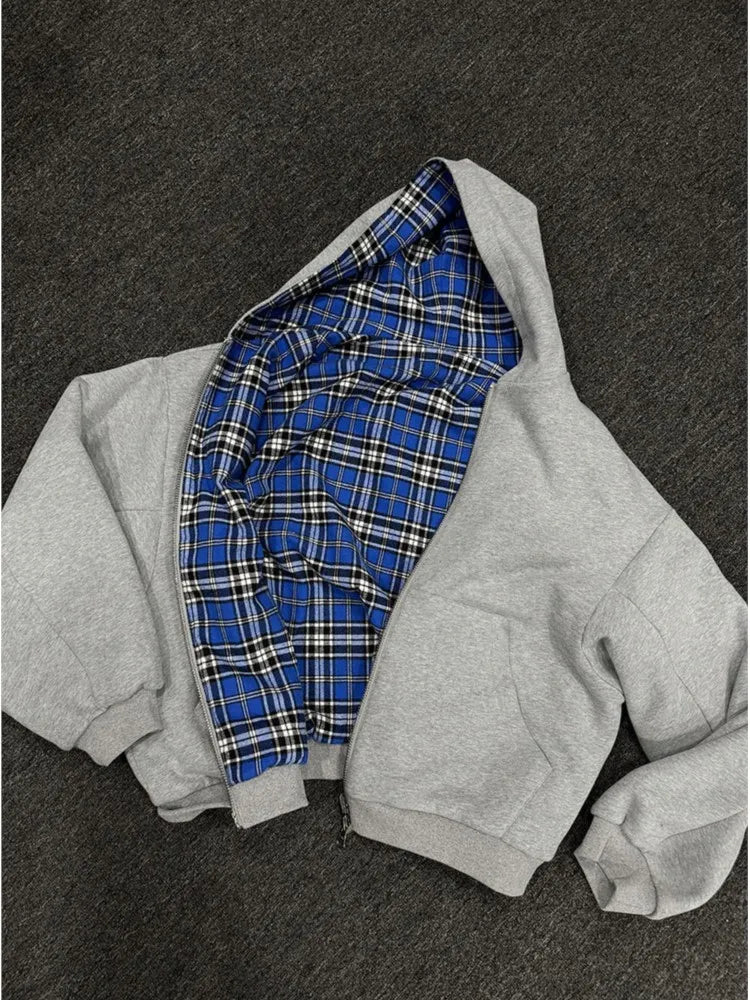 Women's Hoodie Plaid Zip Front Dropped Shoulder – Streetwear Layered Look