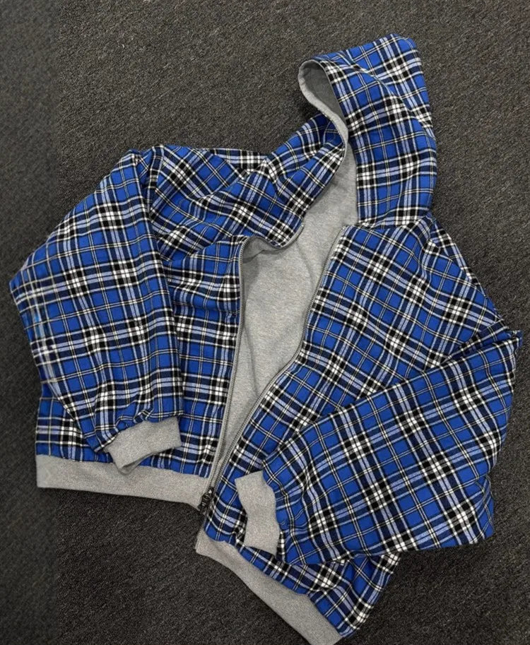 Women's Hoodie Plaid Zip Front Dropped Shoulder – Streetwear Layered Look