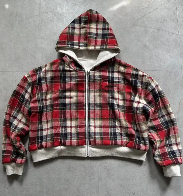 Women's Hoodie Plaid Zip Front Dropped Shoulder – Streetwear Layered Look