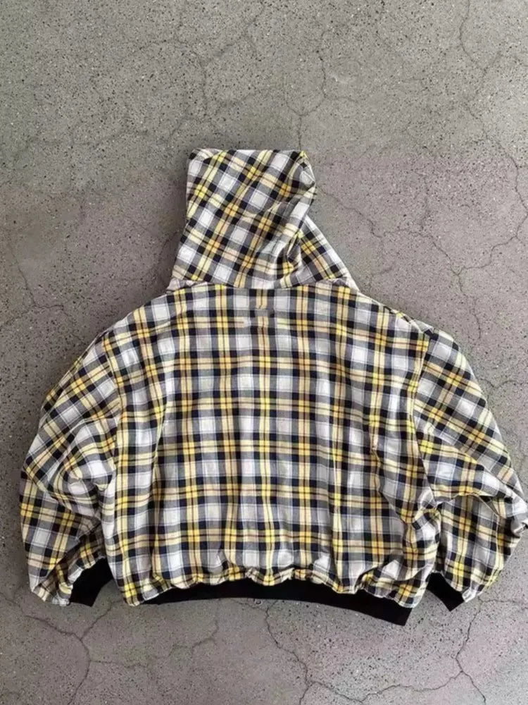 Women's Hoodie Plaid Zip Front Dropped Shoulder – Streetwear Layered Look