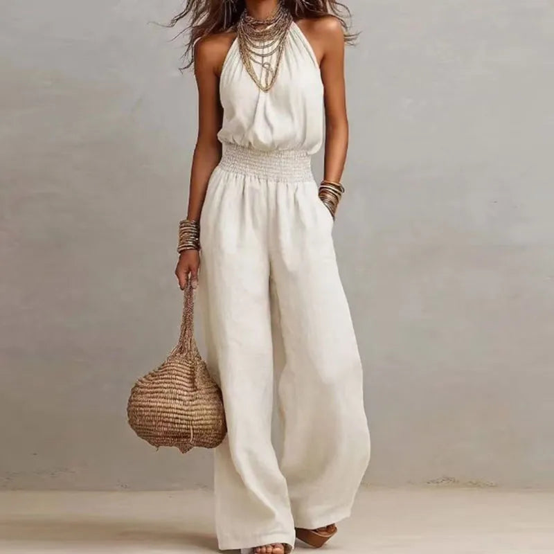 Women's Jumpsuit Halter Neck Smocked Waist Wide Leg – Resort Outing