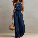 Women's Jumpsuit Halter Neck Smocked Waist Wide Leg – Resort Outing