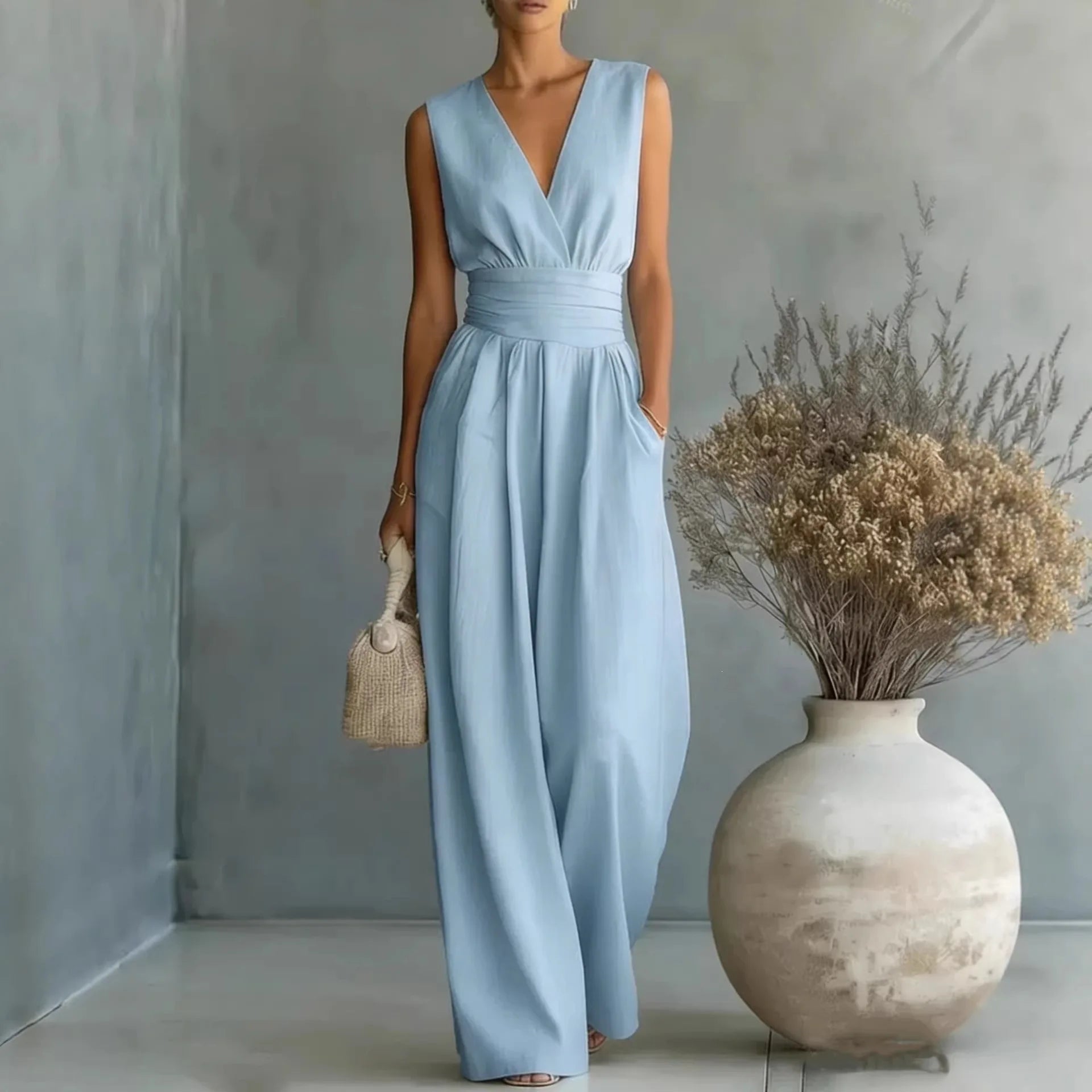 Women’s Jumpsuit Sleeveless V Neck Side Pockets – Daytime Gatherings