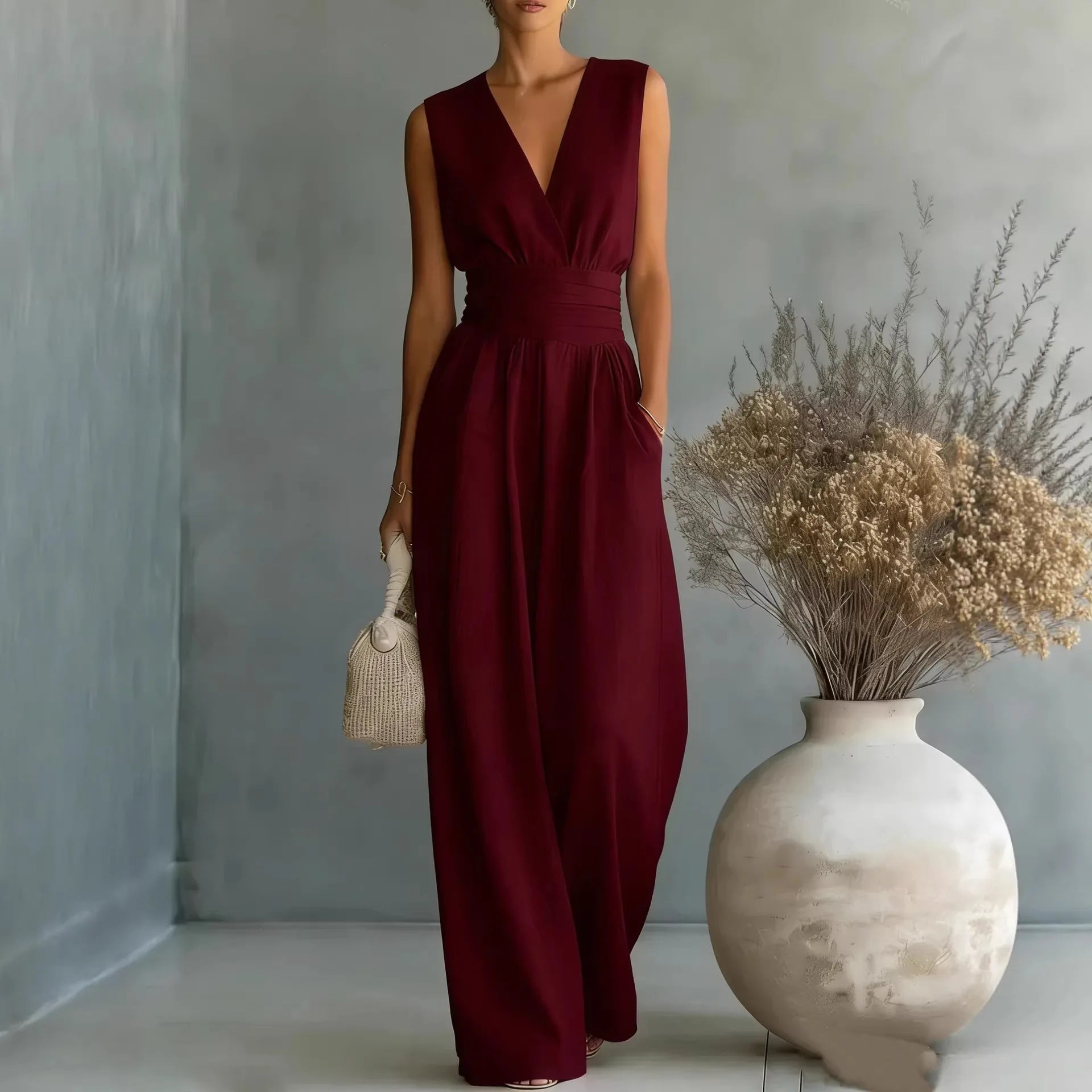 Women’s Jumpsuit Sleeveless V Neck Side Pockets – Daytime Gatherings