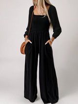 Women's Jumpsuit Smocked Wide Leg Square Neck Long Sleeve – Going Out