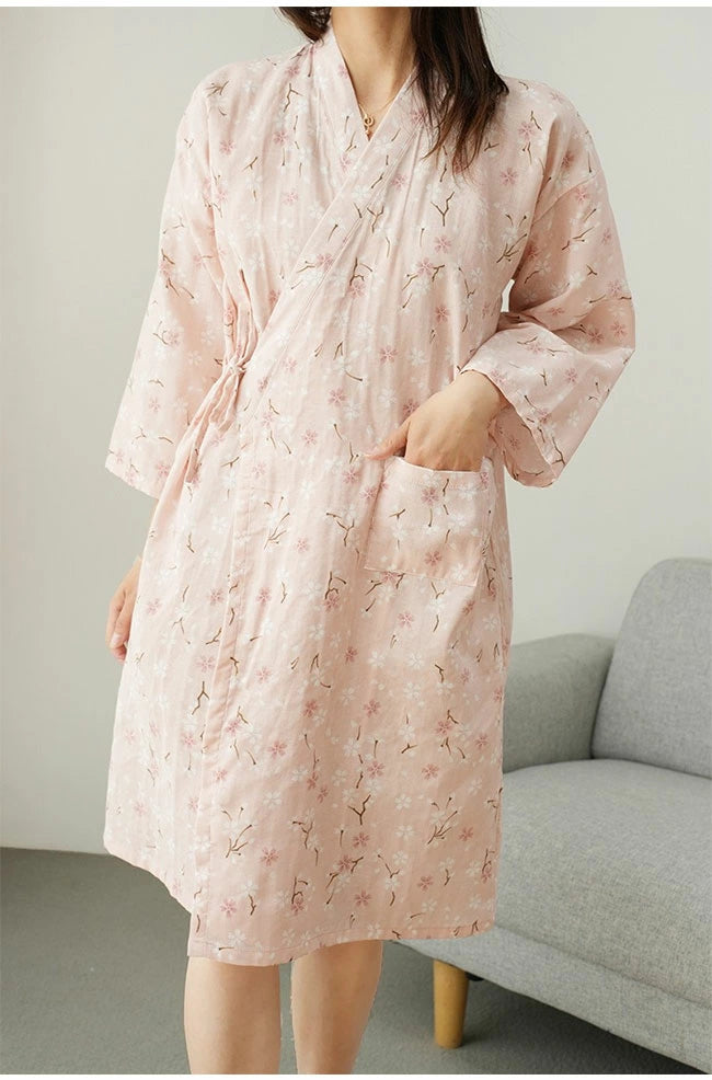 Women's Kimono Robe Floral Wrap Tie Waist Front Pocket – Loungewear
