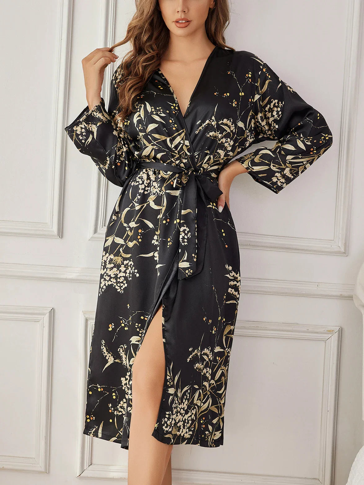 Women's Kimono Robe Floral Wrap Tie Waist Long Sleeve Midi – Loungewear