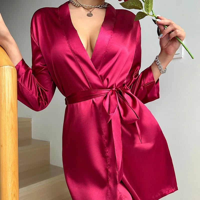 Women's Kimono Robe Wrap Tie Waist V Neck Long Sleeve – Loungewear