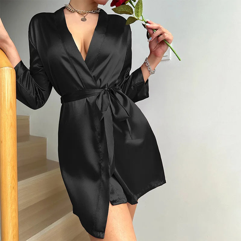 Women's Kimono Robe Wrap Tie Waist V Neck Long Sleeve – Loungewear