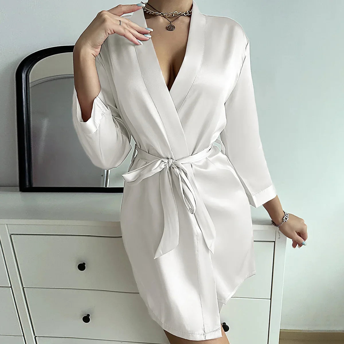 Women's Kimono Robe Wrap Tie Waist V Neck Long Sleeve – Loungewear