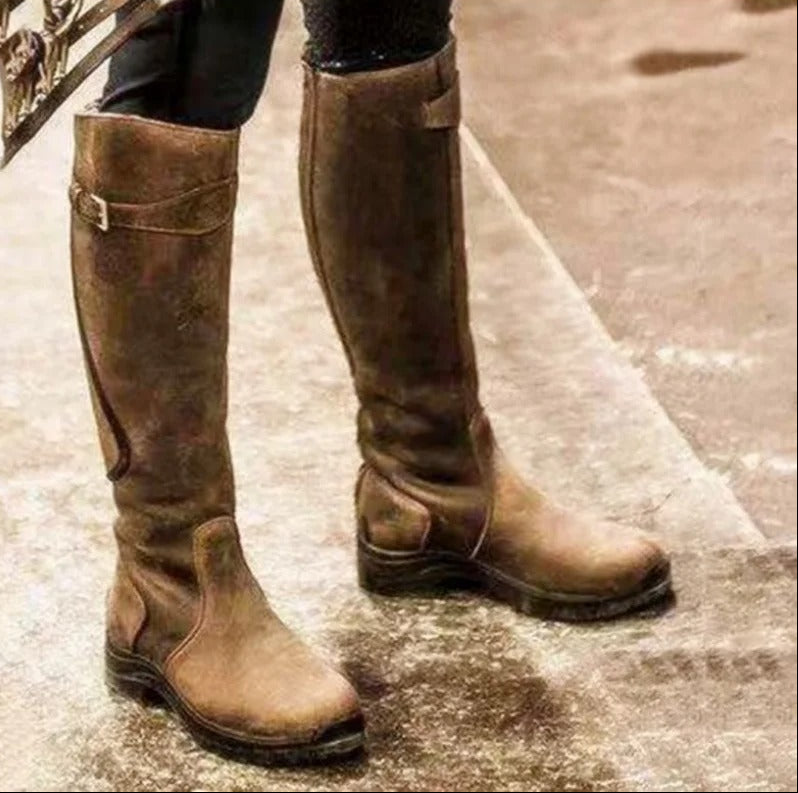 Women's Knee-High Boots Buckle Strap Round Toe – Country Fair Visits