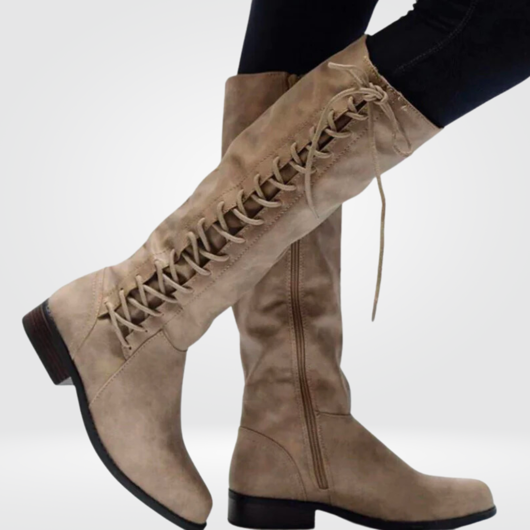 Women's Knee-High Boots Lace Up Side Zipper Low Heel – Weekend Outing