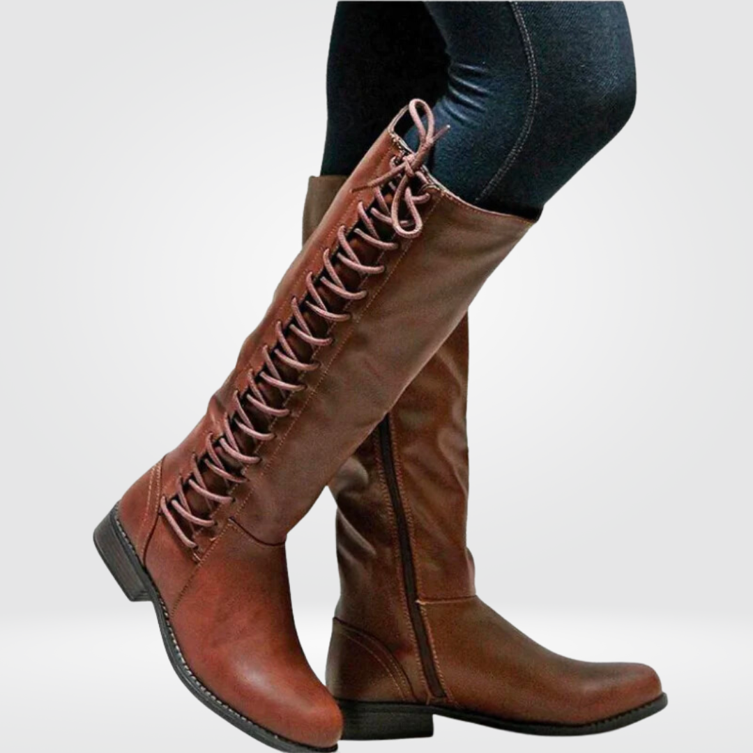 Women's Knee-High Boots Lace Up Side Zipper Low Heel – Weekend Outing