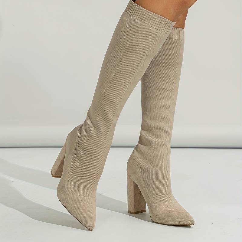 Women's Knee High Boots Pointed Toe Ribbed Shaft Block Heel – City Outing