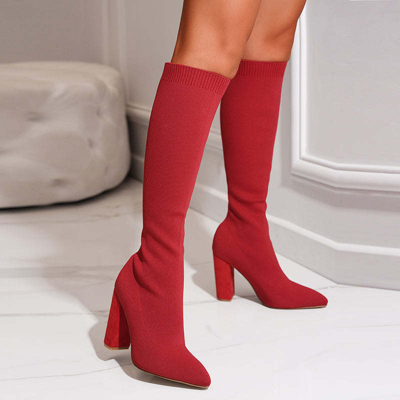 Women's Knee High Boots Pointed Toe Ribbed Shaft Block Heel – City Outing
