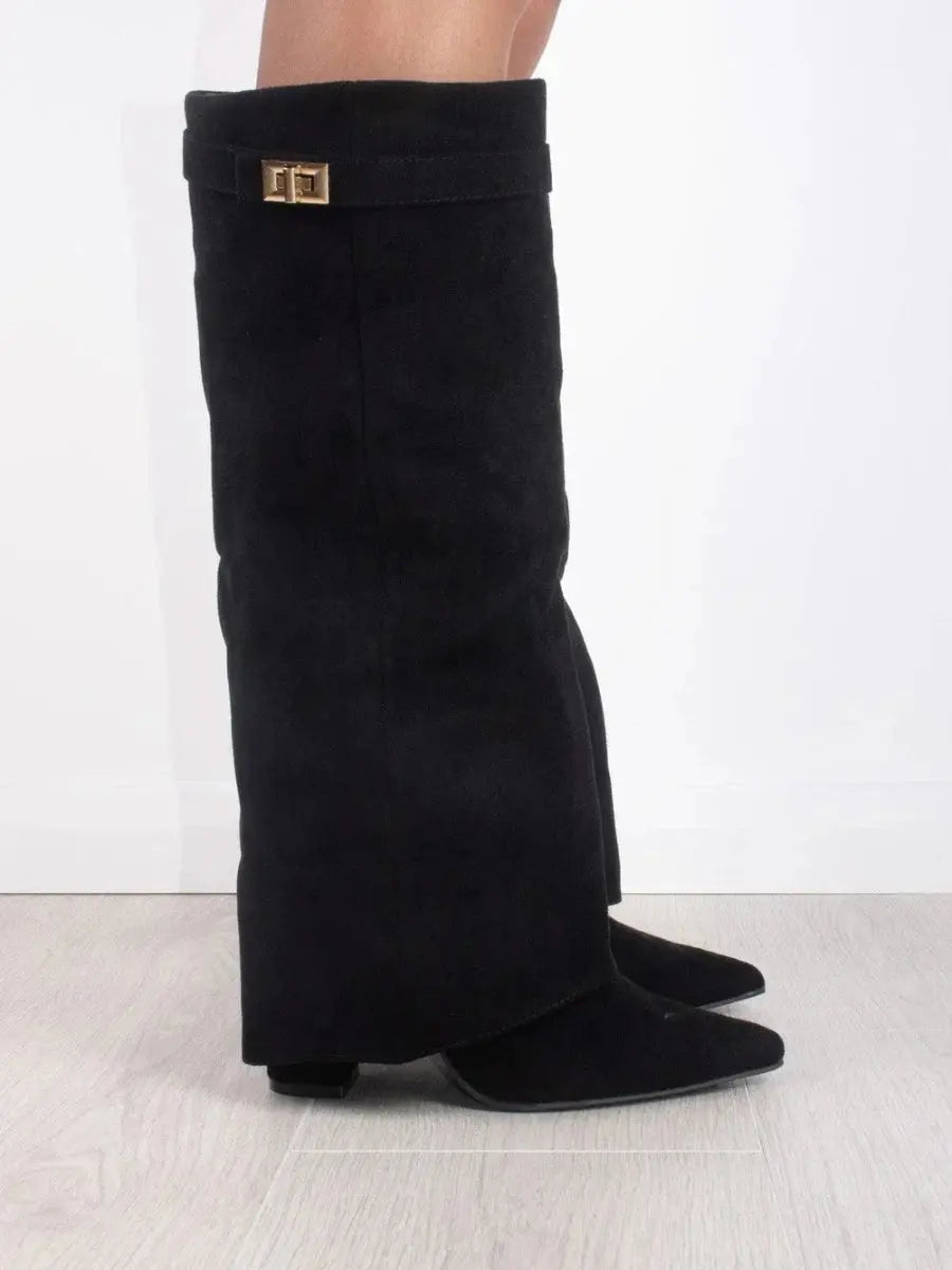 Women's Knee High Boots Pointed Toe Side Zip Buckle Tab – Autumn Outing