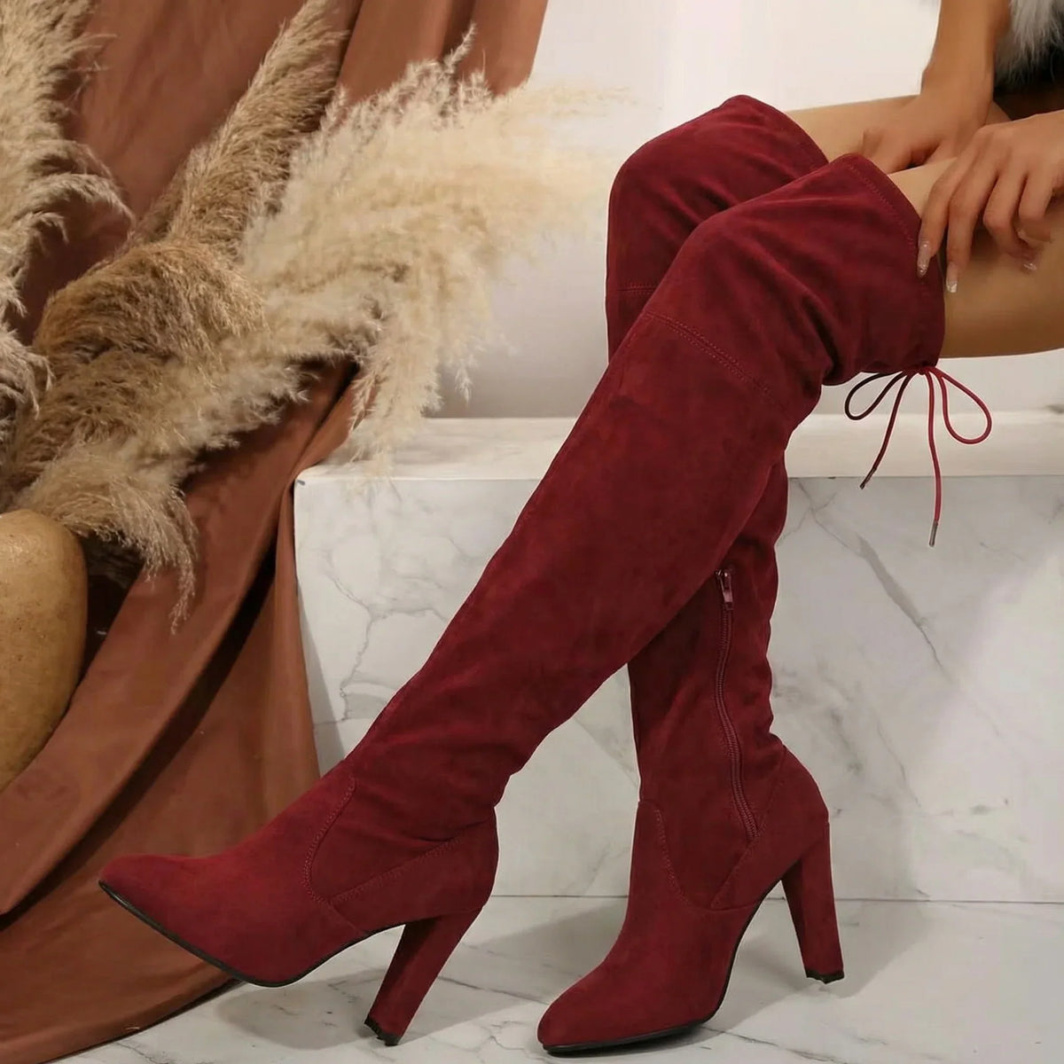 Women’s Knee-High Boots Pointed Toe Side Zip Drawstring Top – Theater Evenings
