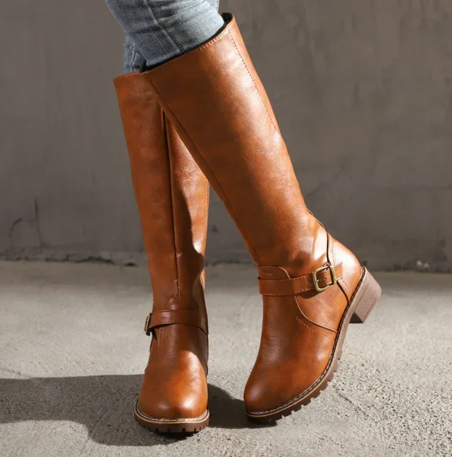 Women's Knee High Boots Round Toe Side Zip Buckle Strap Low Block Heel – Smart Casual