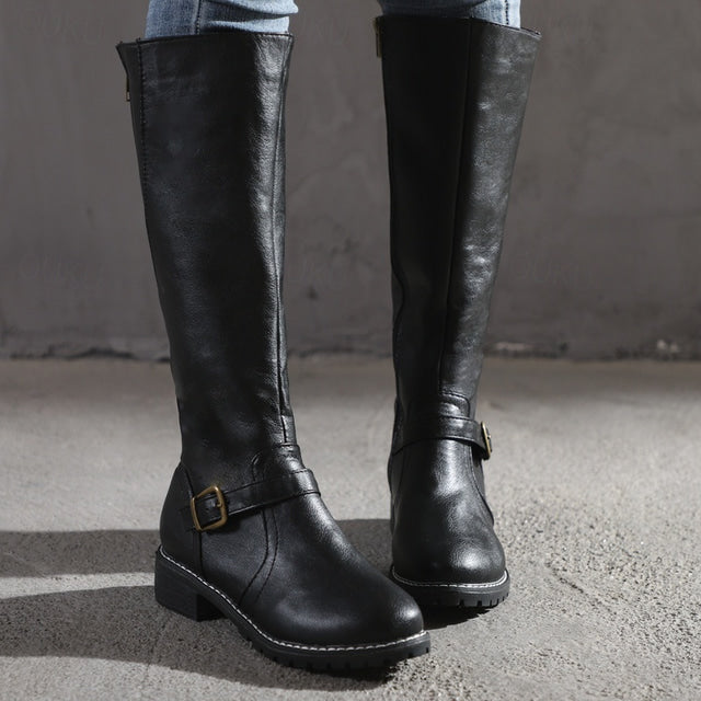 Women's Knee High Boots Round Toe Side Zip Buckle Strap Low Block Heel – Smart Casual