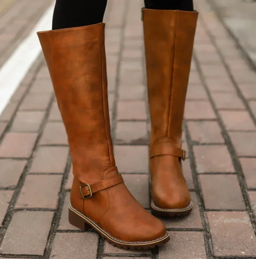 Women's Knee High Boots Round Toe Side Zip Buckle Strap Low Block Heel – Smart Casual