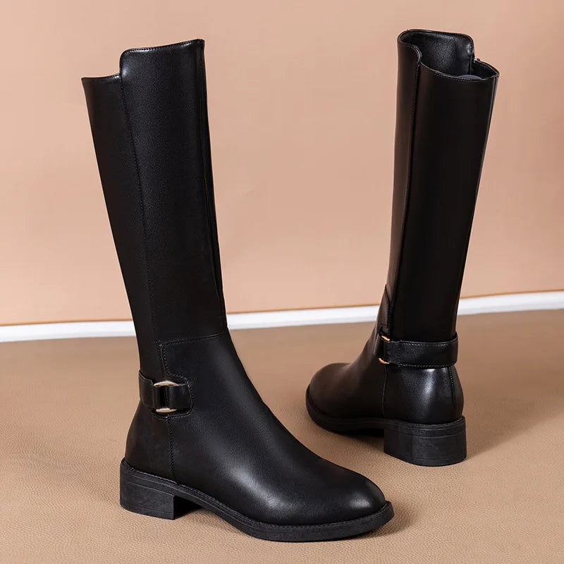 Women's Knee High Boots Side Zip Buckle Strap Low Block Heel – City Outing