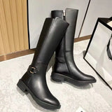 Women's Knee High Boots Side Zip Buckle Strap Low Block Heel – City Outing