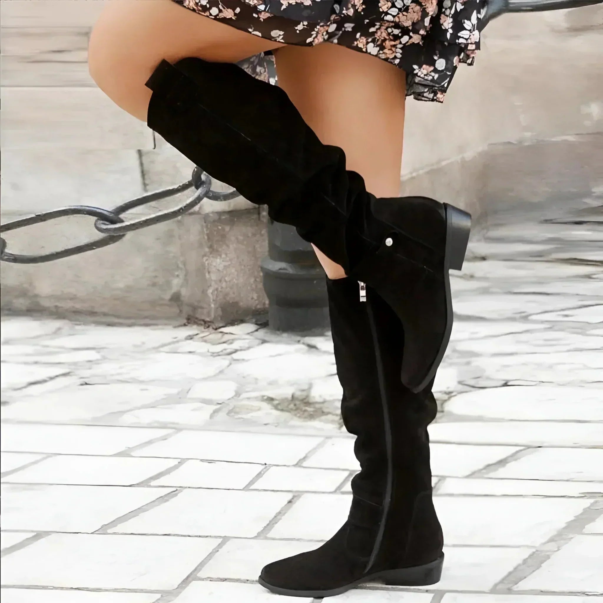 Women's Knee High Boots Side Zip Slouch Shaft Low Block Heel – Autumn Outing