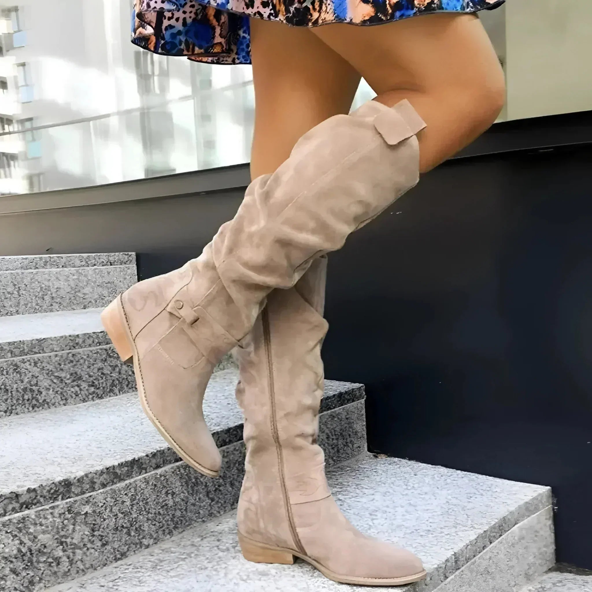 Women's Knee High Boots Side Zip Slouch Shaft Low Block Heel – Autumn Outing