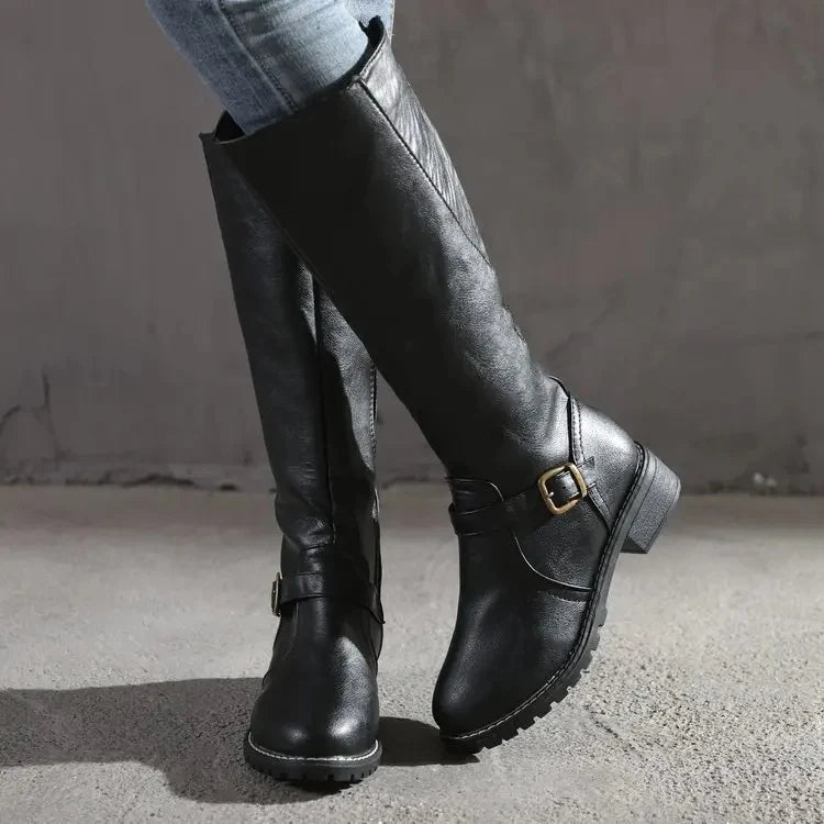 Women's Knee-High Boots Side Zipper Buckle Strap Low Heel – Going Out