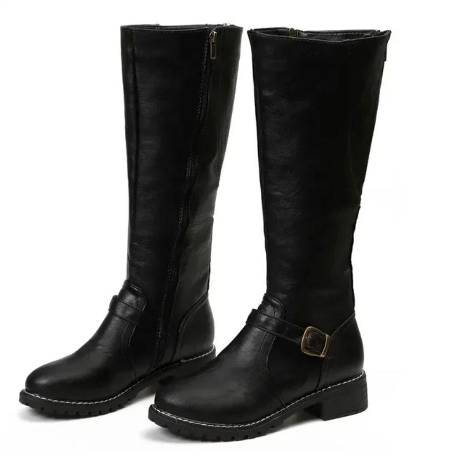 Women's Knee-High Boots Side Zipper Buckle Strap Low Heel – Going Out
