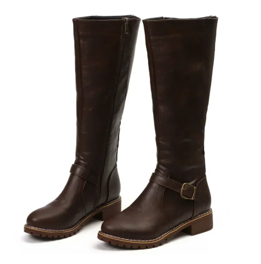 Women's Knee-High Boots Side Zipper Buckle Strap Low Heel – Going Out