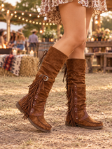 Women’s Knee-High Western Boots Side Fringe Buckle Strap Stitched Toe – Country Concerts